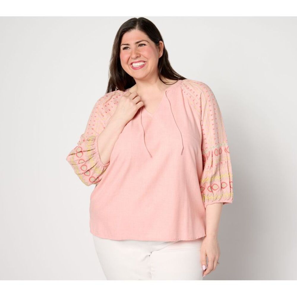 LEGO Women's Top Sz XL Denim & Co. Canyon Retreat Split Neck w Pink A636405